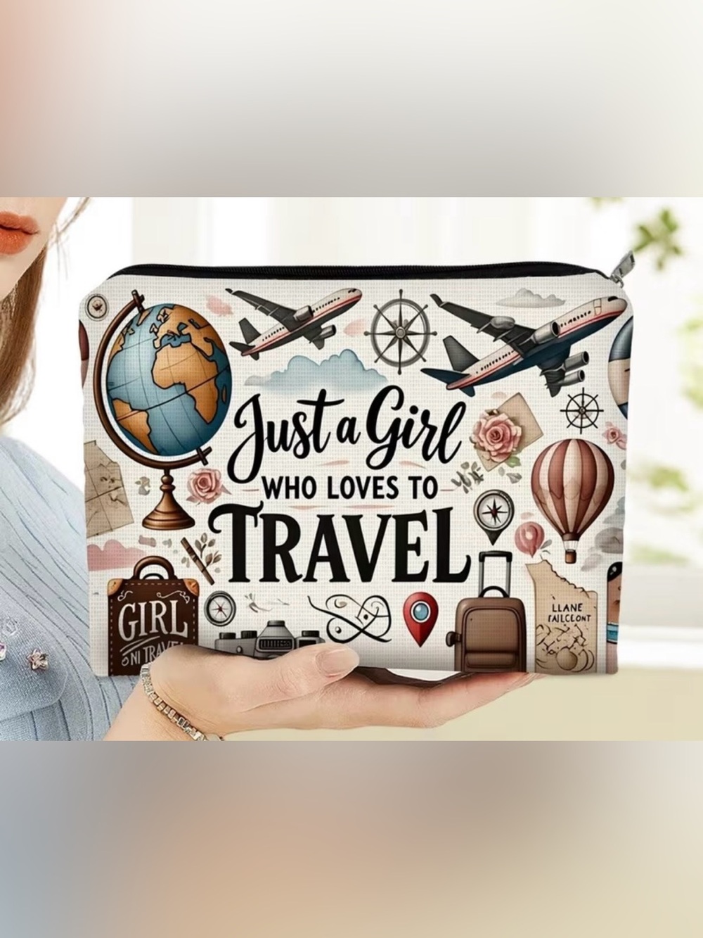 Just a Girl Who Loves to Travel Cosmetic Zip Pouch - White Travel Print